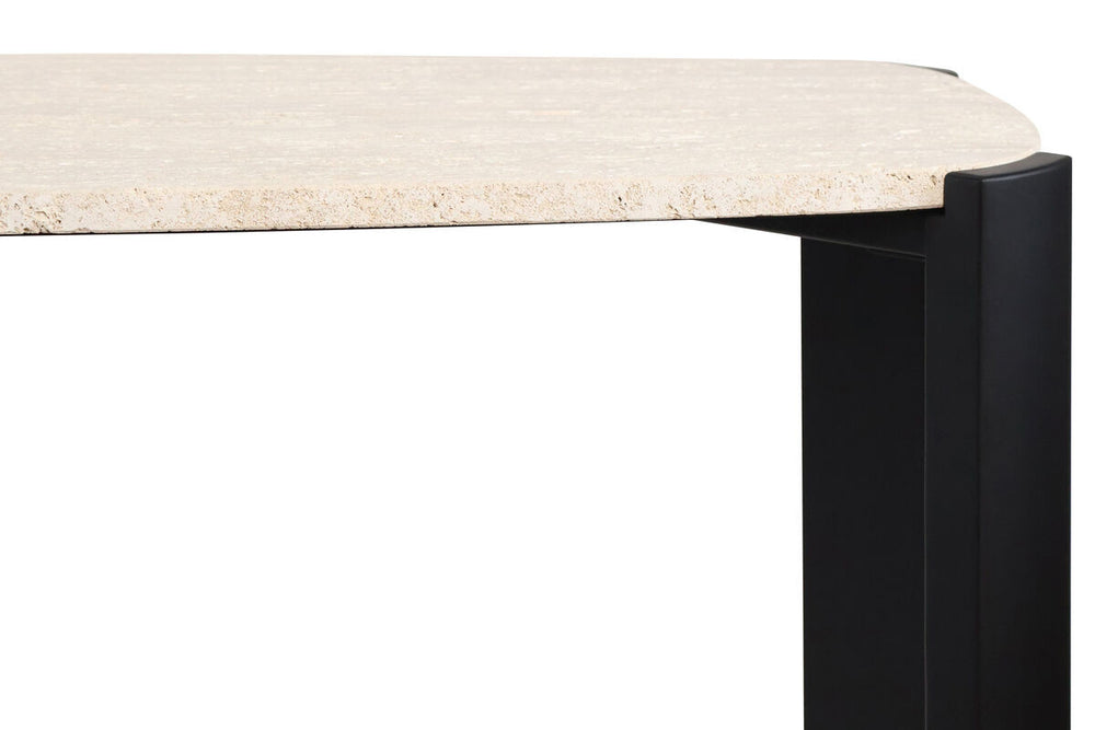 Cream travertine top with a textured surface, supported by sleek black acacia wood legs. The table features rounded edges for a modern look, perfect for entryways or living spaces.