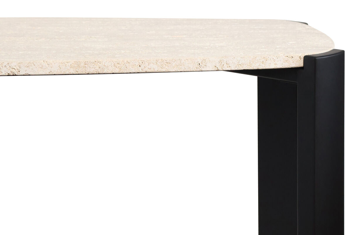 Cream travertine top with a textured surface, supported by sleek black acacia wood legs. The table features rounded edges for a modern look, perfect for entryways or living spaces.