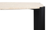 Cream travertine top with a textured surface, supported by sleek black acacia wood legs. The table features rounded edges for a modern look, perfect for entryways or living spaces.