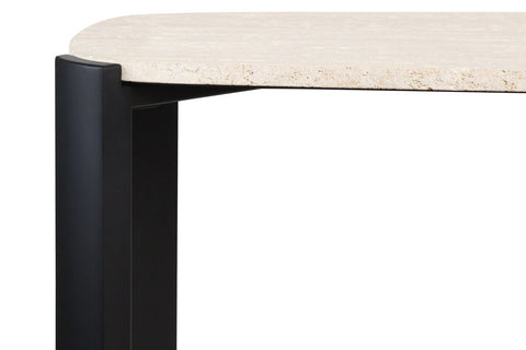 Cream travertine top with a textured surface, supported by sleek black acacia wood legs.