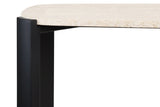 Cream travertine top with a textured surface, supported by sleek black acacia wood legs.