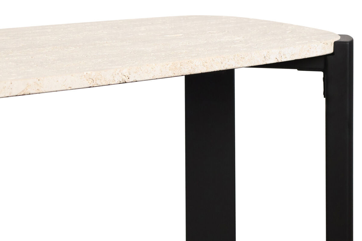 Cream travertine top with a smooth finish, featuring rounded edges, supported by sleek black acacia wood legs.