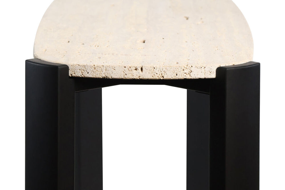 Cream travertine top with a textured surface, supported by sleek black acacia wood legs, showcasing a modern console table design.