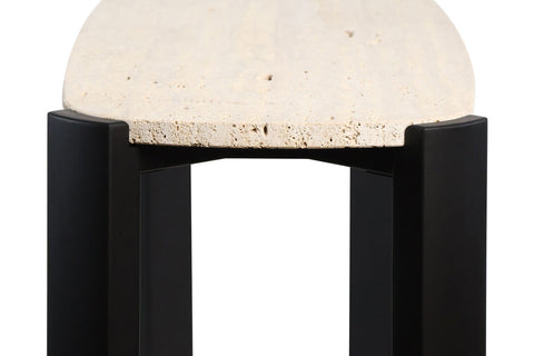 Cream travertine top with a textured surface, supported by sleek black acacia wood legs, showcasing a modern console table design.