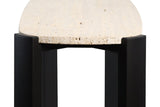 Cream travertine top with a textured surface, supported by sleek black acacia wood legs, showcasing a modern console table design.