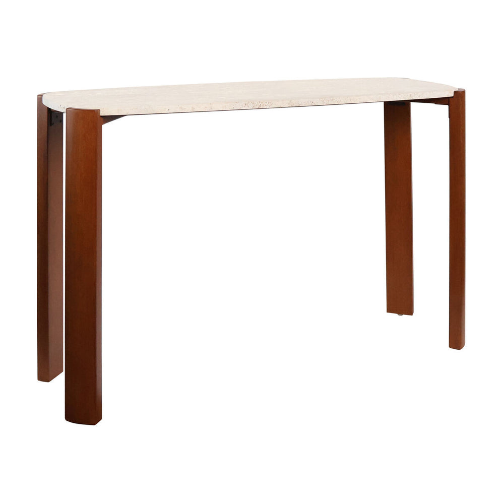 Cream travertine top console table with smooth, rounded edges supported by sturdy brown acacia wood legs.