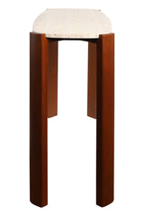 Cream travertine top console table with rounded edges, supported by four sturdy brown acacia wood legs.