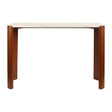 Cream travertine top console table with sleek, rounded edges, supported by sturdy brown acacia wood legs.