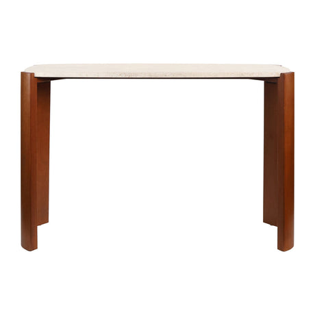 Cream travertine top console table with sleek, rounded edges, supported by sturdy brown acacia wood legs.