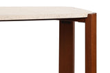 Cream travertine top console table featuring a smooth, rounded edge and sturdy brown acacia wood legs.