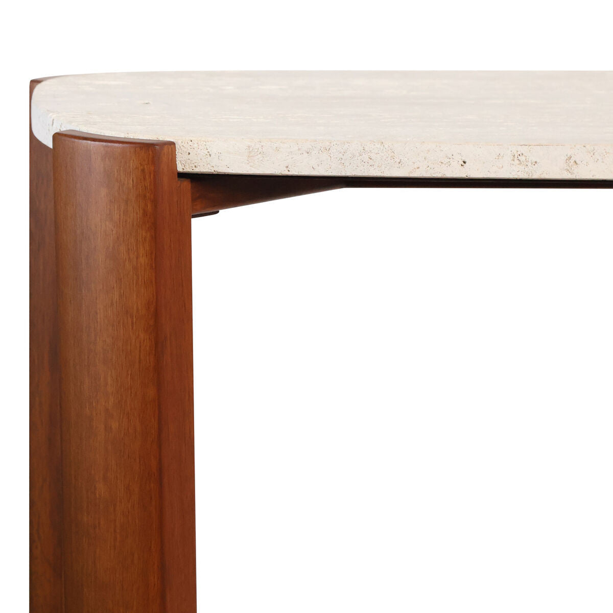 Cream travertine top with a textured surface rests on a sturdy brown acacia wood frame, showcasing smooth, rounded edges and a modern design.