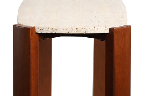 Cream travertine top console table featuring smooth, rounded edges and sturdy brown acacia wood legs.