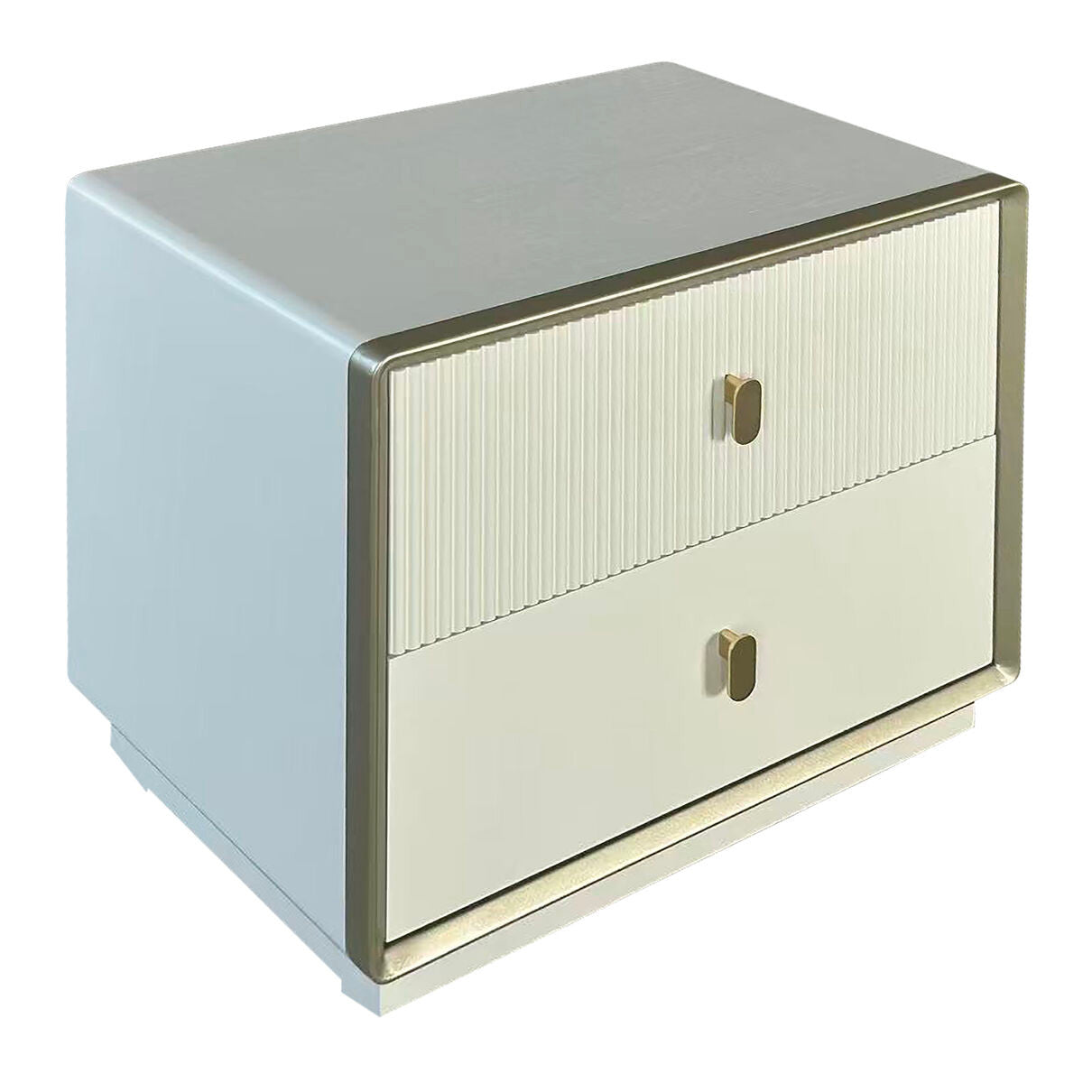 Ivory wood veneer bedside table featuring two spacious drawers with a ribbed design and sleek gold handles.