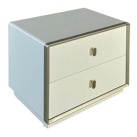 Ivory wood veneer bedside table featuring two spacious drawers with a ribbed design and sleek gold handles.