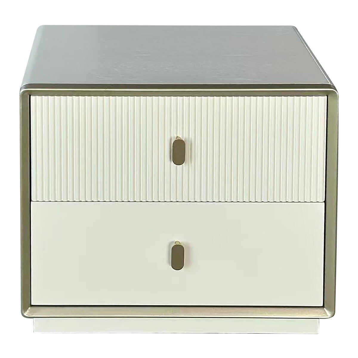 Cream-colored bedside table featuring two drawers with a ribbed design on the top drawer and a smooth finish on the bottom drawer.