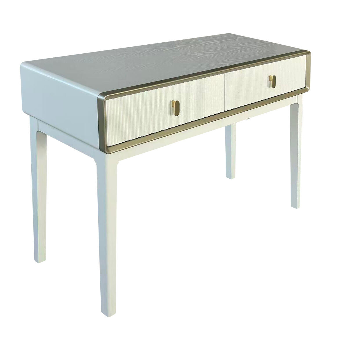 Cream-colored dressing table featuring a smooth, light wood veneer top and two textured drawers with gold-toned handles.