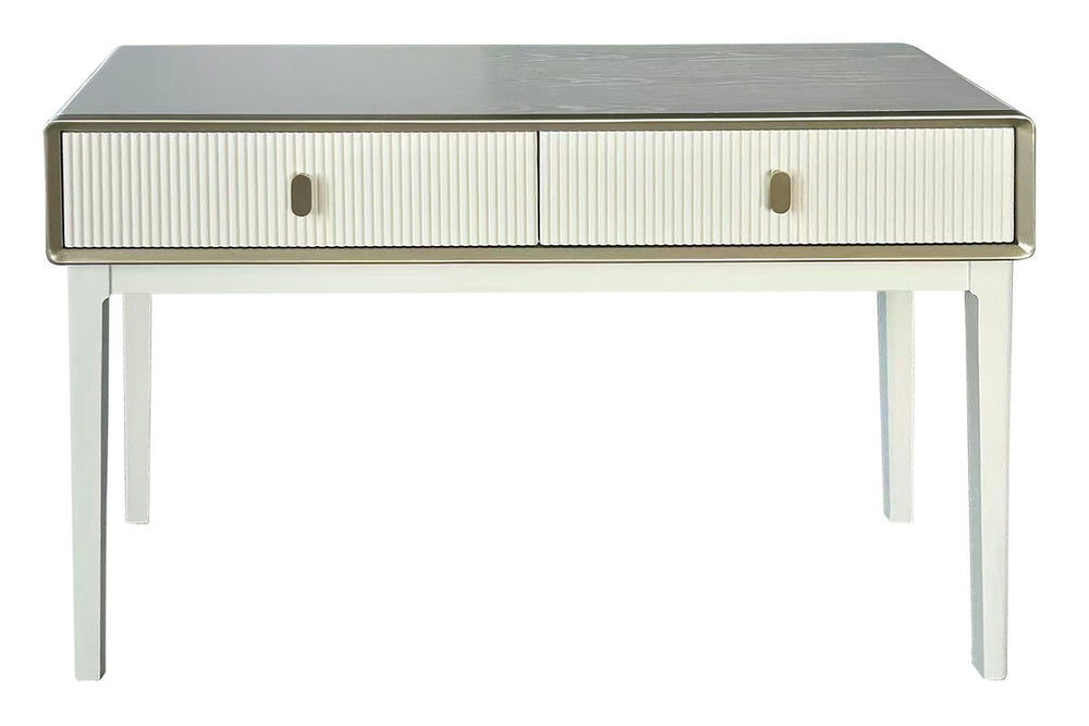 Ivory wood veneer dressing table featuring two ribbed drawers with sleek, round handles, set on sturdy white legs.