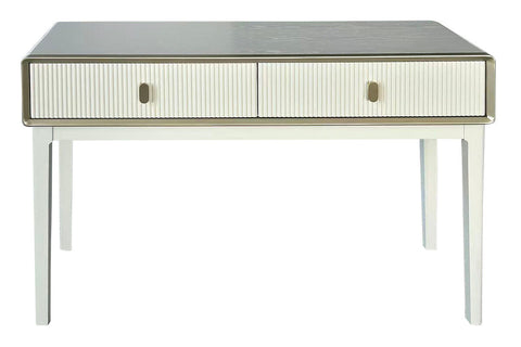 Ivory wood veneer dressing table featuring two ribbed drawers with sleek, round handles, set on sturdy white legs.