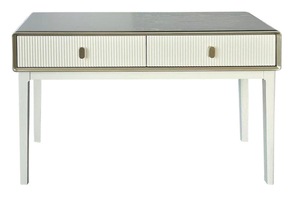 Ivory wood veneer dressing table featuring two ribbed drawers with sleek, round handles, set on sturdy white legs.