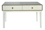 Ivory wood veneer dressing table featuring two ribbed drawers with sleek, round handles, set on sturdy white legs.