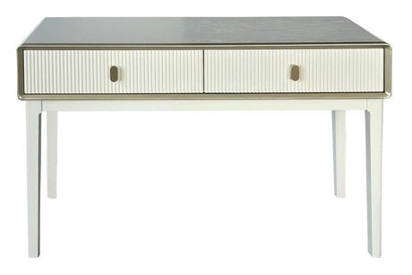 Ivory wood veneer dressing table featuring two ribbed drawers with sleek, round handles, set on sturdy white legs.