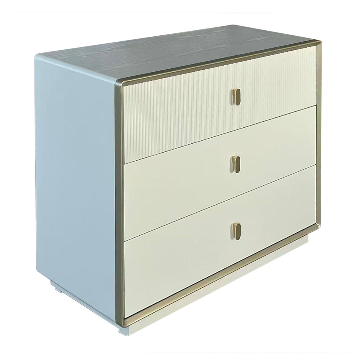 Three-drawer chest featuring a sleek ivory wood veneer finish with a textured top drawer, complemented by smooth, flat lower drawers.