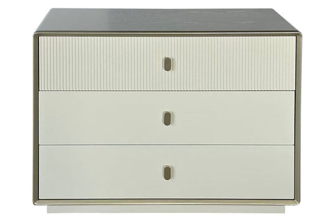 Three-drawer chest featuring a sleek ivory wood veneer finish with a textured ribbed design on the top drawer.