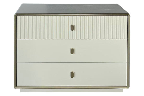 Three-drawer chest featuring a sleek ivory wood veneer finish with a textured ribbed design on the top drawer.