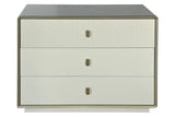 Three-drawer chest featuring a sleek ivory wood veneer finish with a textured ribbed design on the top drawer.