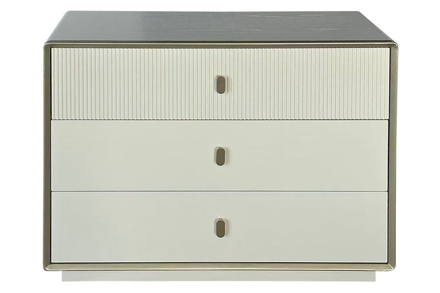 Three-drawer chest featuring a sleek ivory wood veneer finish with a textured ribbed design on the top drawer.