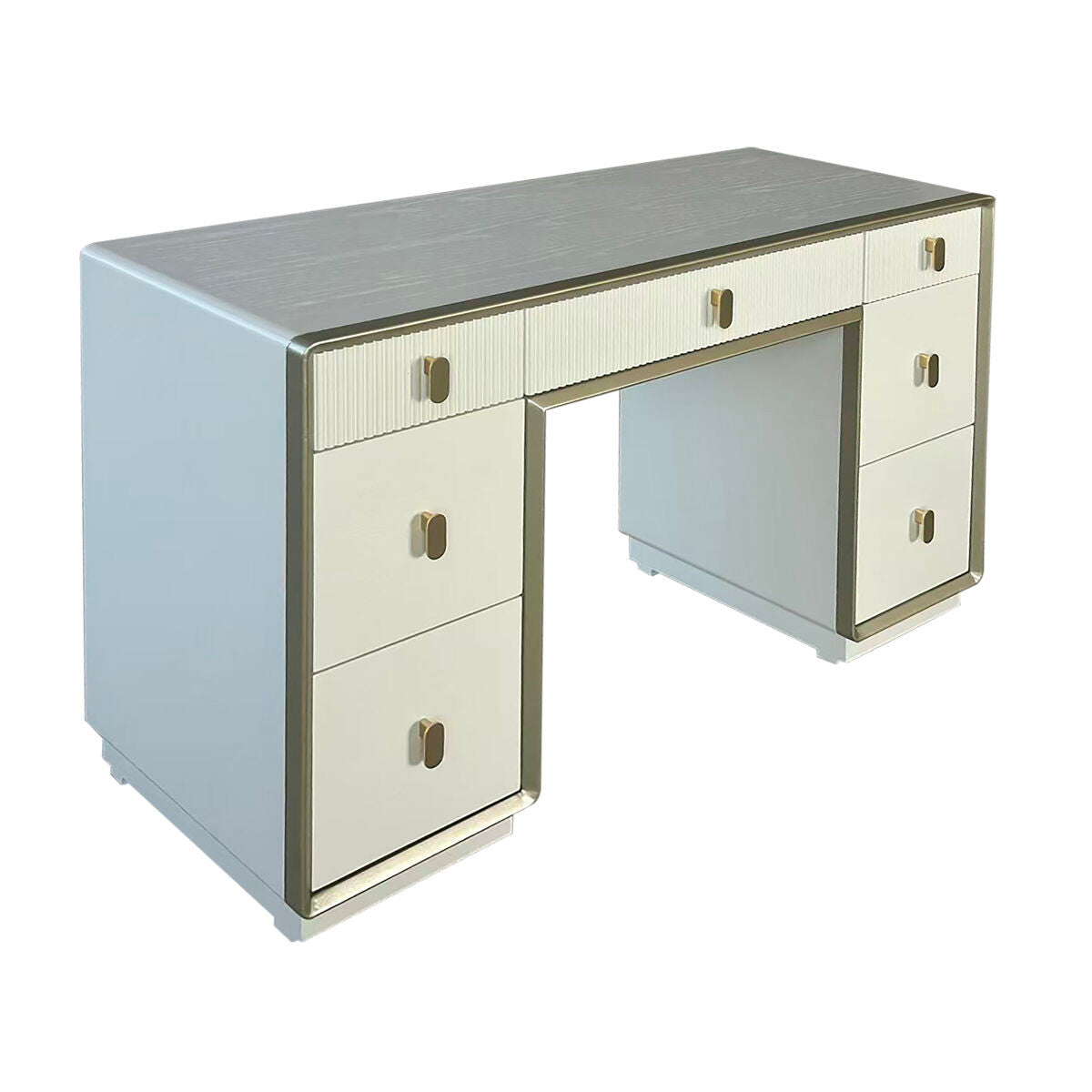 Cream-colored dressing table featuring a sleek design with seven drawers, including three larger drawers on the left and four smaller ones on the right.