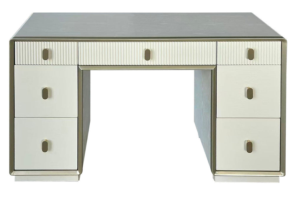 Cream-colored dressing table featuring seven drawers with a mix of smooth and ribbed fronts. The table has a sleek design with a subtle metallic trim and round handles.