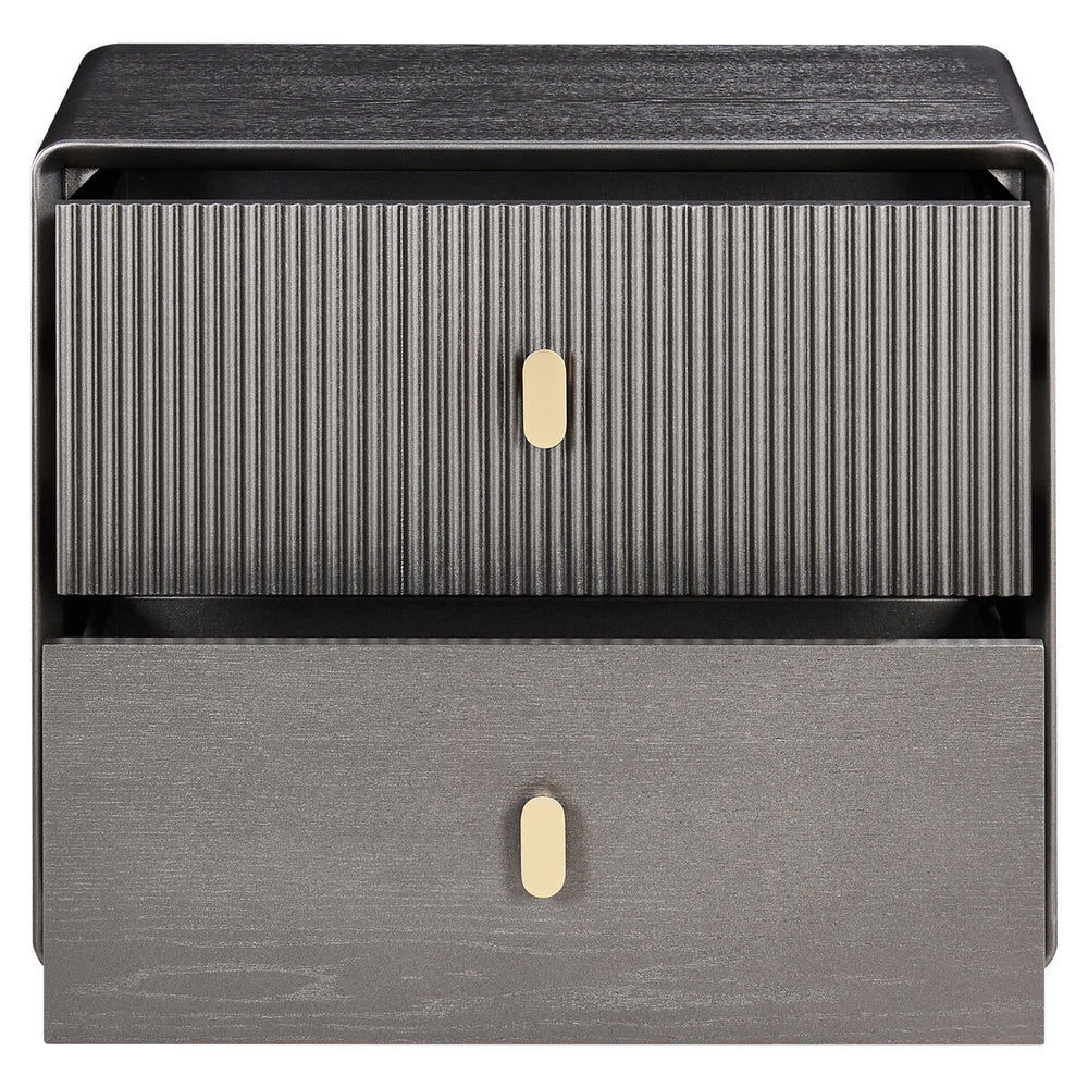 Brown and grey wood veneer bedside table featuring two drawers with a ribbed texture on the top drawer and a smooth finish on the bottom drawer.