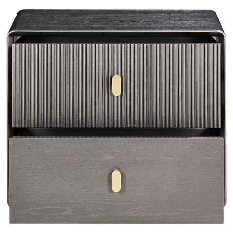 Brown and grey wood veneer bedside table featuring two drawers with a ribbed texture on the top drawer and a smooth finish on the bottom drawer.