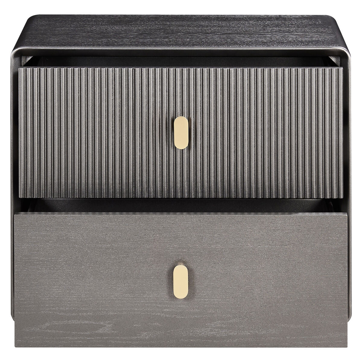 Brown and grey wood veneer bedside table featuring two drawers with a ribbed texture on the top drawer and a smooth finish on the bottom drawer.