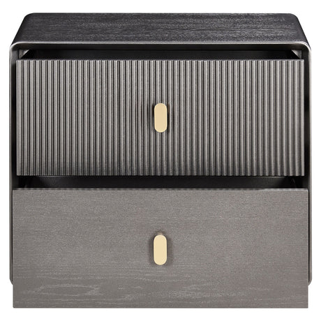 Brown and grey wood veneer bedside table featuring two drawers with a ribbed texture on the top drawer and a smooth finish on the bottom drawer.