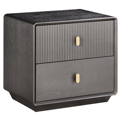 Brown and grey wood veneer bedside table featuring two drawers with a ribbed design on the top drawer.