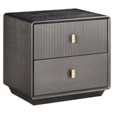 Brown and grey wood veneer bedside table featuring two drawers with a ribbed design on the top drawer.