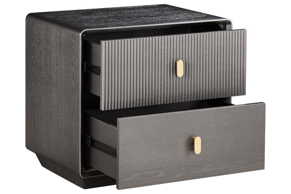 Brown and grey wood veneer bedside table featuring two drawers with a ribbed design on the top drawer and a smooth finish on the bottom drawer.