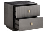 Brown and grey wood veneer bedside table featuring two drawers with a ribbed design on the top drawer and a smooth finish on the bottom drawer.