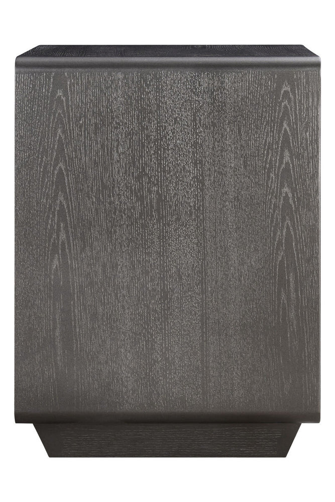 Brown and grey wood veneer bedside table featuring a sleek, modern design with two spacious drawers. The surface showcases a textured finish, while the sturdy base adds stability.
