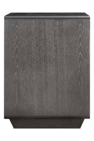 Brown and grey wood veneer bedside table featuring a sleek, modern design with two spacious drawers. The surface showcases a textured finish, while the sturdy base adds stability.