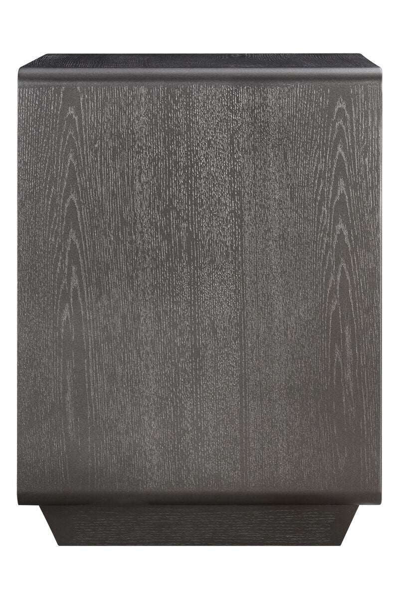 Brown and grey wood veneer bedside table featuring a sleek, modern design with two spacious drawers. The surface showcases a textured finish, while the sturdy base adds stability.