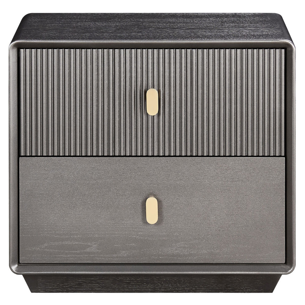 Brown and grey wood veneer bedside table featuring two drawers with a ribbed texture on the top drawer and a smooth finish on the bottom drawer.