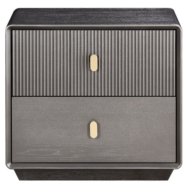 Brown and grey wood veneer bedside table featuring two drawers with a ribbed texture on the top drawer and a smooth finish on the bottom drawer.
