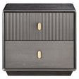 Brown and grey wood veneer bedside table featuring two drawers with a ribbed texture on the top drawer and a smooth finish on the bottom drawer.