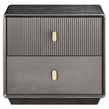 Brown and grey wood veneer bedside table featuring two drawers with a ribbed texture on the top drawer and a smooth finish on the bottom drawer.