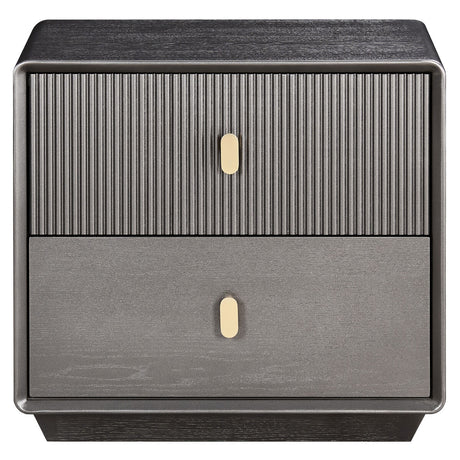 Brown and grey wood veneer bedside table featuring two drawers with a ribbed texture on the top drawer and a smooth finish on the bottom drawer.