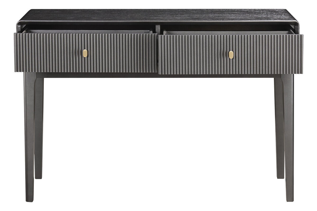 Brown and grey wood veneer dressing table featuring two ribbed drawers with gold knobs, supported by sleek, straight legs.