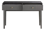 Brown and grey wood veneer dressing table featuring two ribbed drawers with gold knobs, supported by sleek, straight legs.